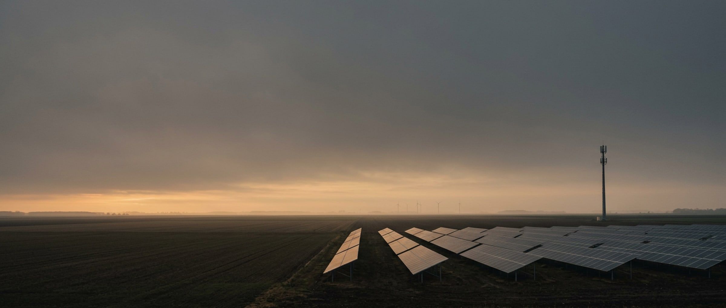 Feld mit Solarmodulen, Windrädern und einem Mobilfunkmast am Horizont
