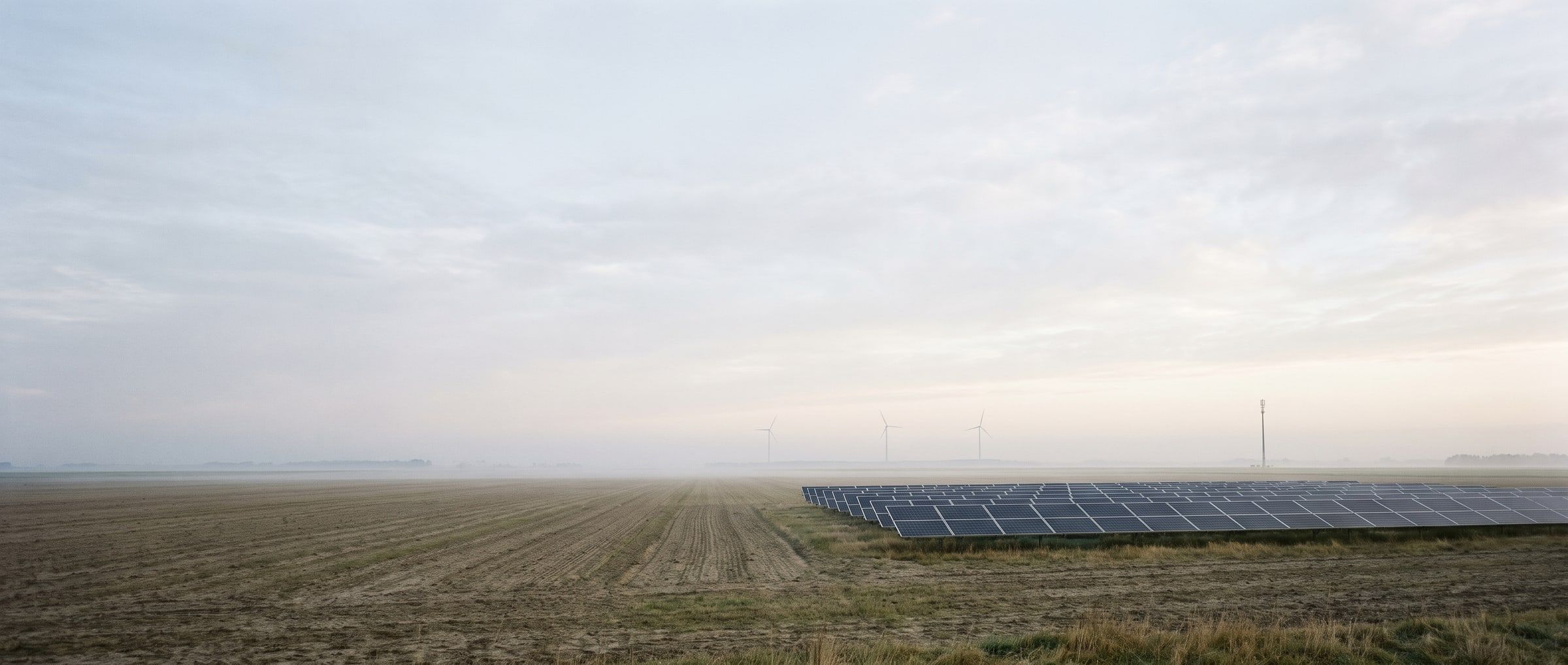 Feld mit Solarmodulen, Windrädern und einem Mobilfunkmast am Horizont