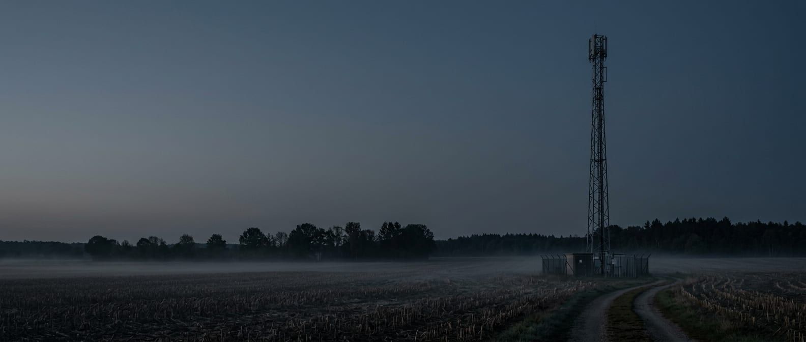 Schlanker Gittermast am Rand eines abgeernteten Feldes in der Dämmerung, Bodennebel und ein Feldweg