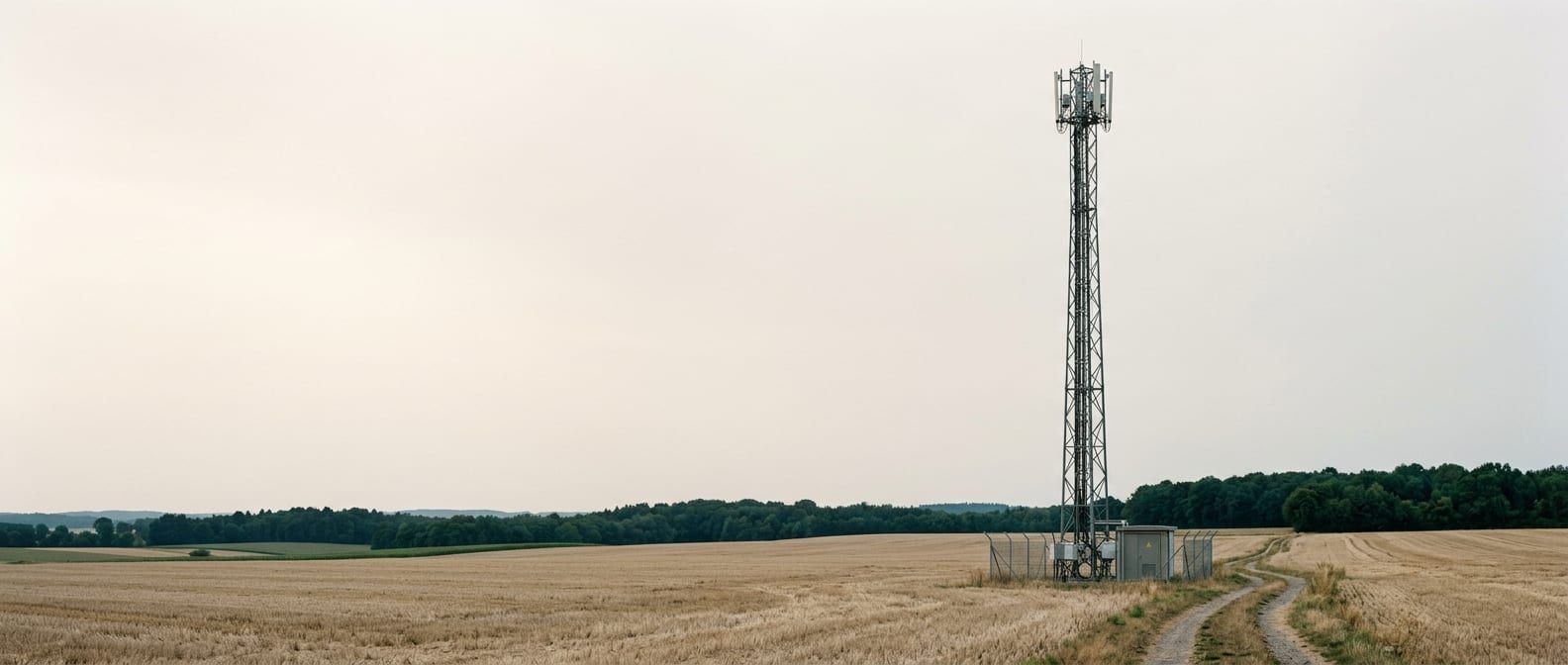 Schlanker Gittermast am Rand eines abgeernteten Feldes in der Dämmerung, Bodennebel und ein Feldweg