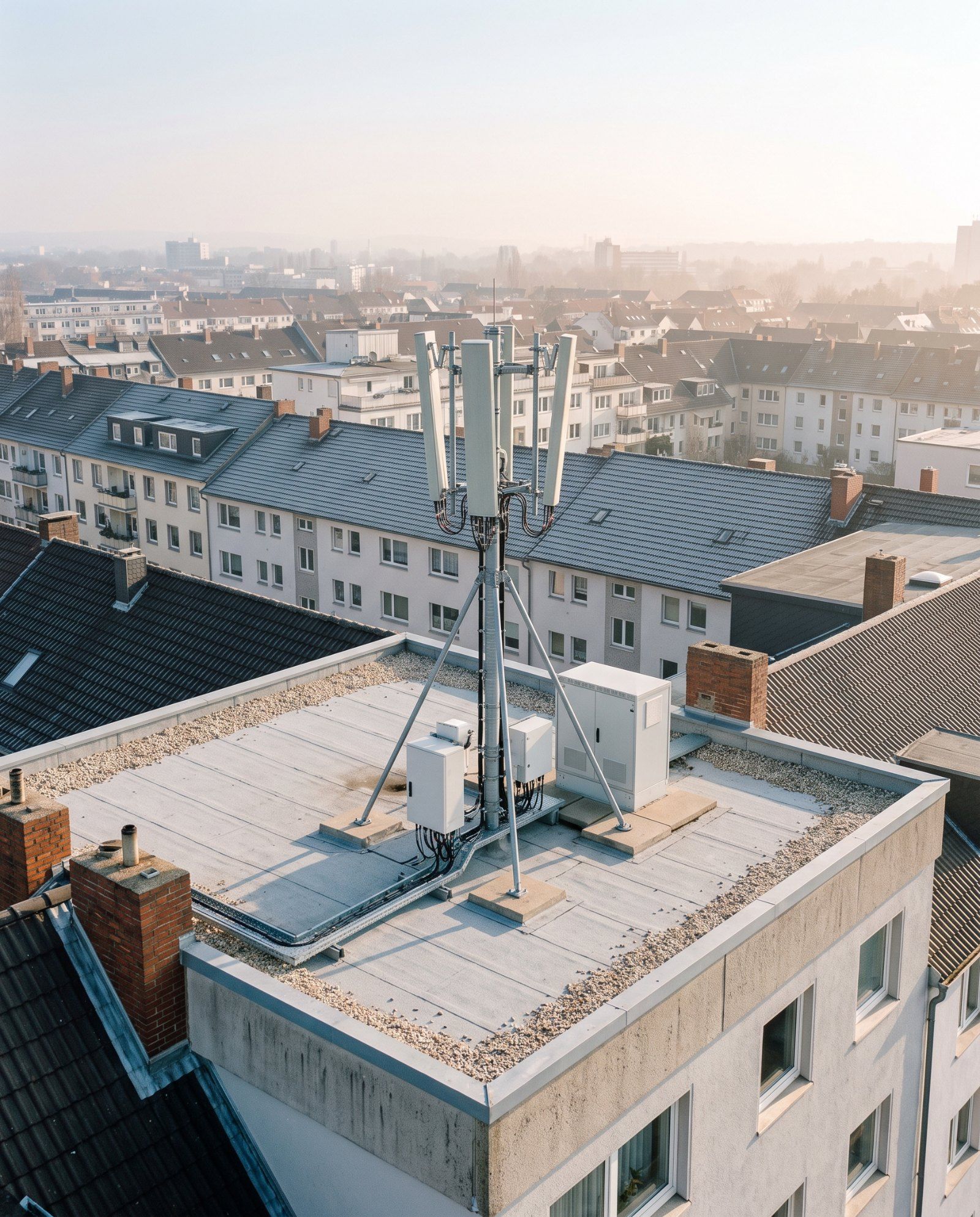 Dachfläche mit Mobilfunkanlage über der Stadt