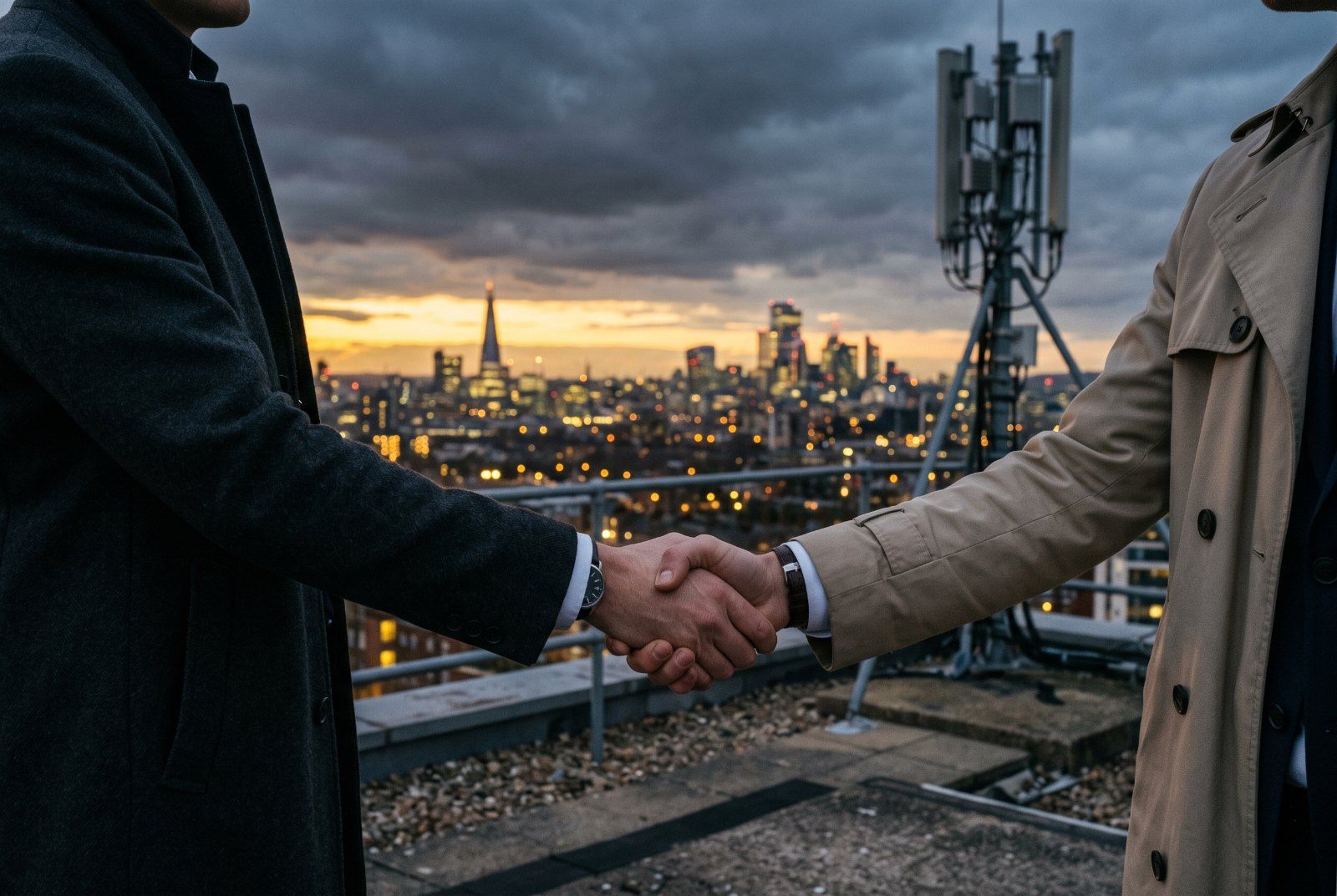 Handschlag auf einem Dachstandort, Antenne im Hintergrund
